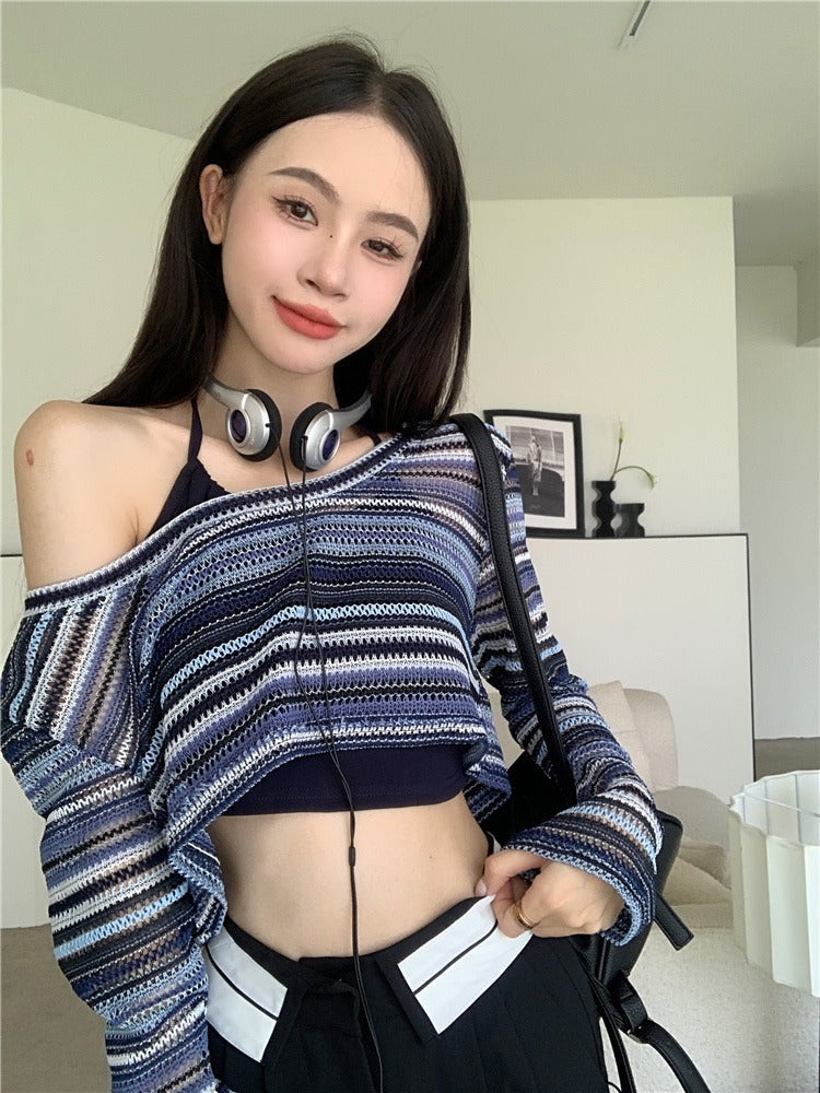 Contrast Striped Crochet Knit Crop Top - fairypeony