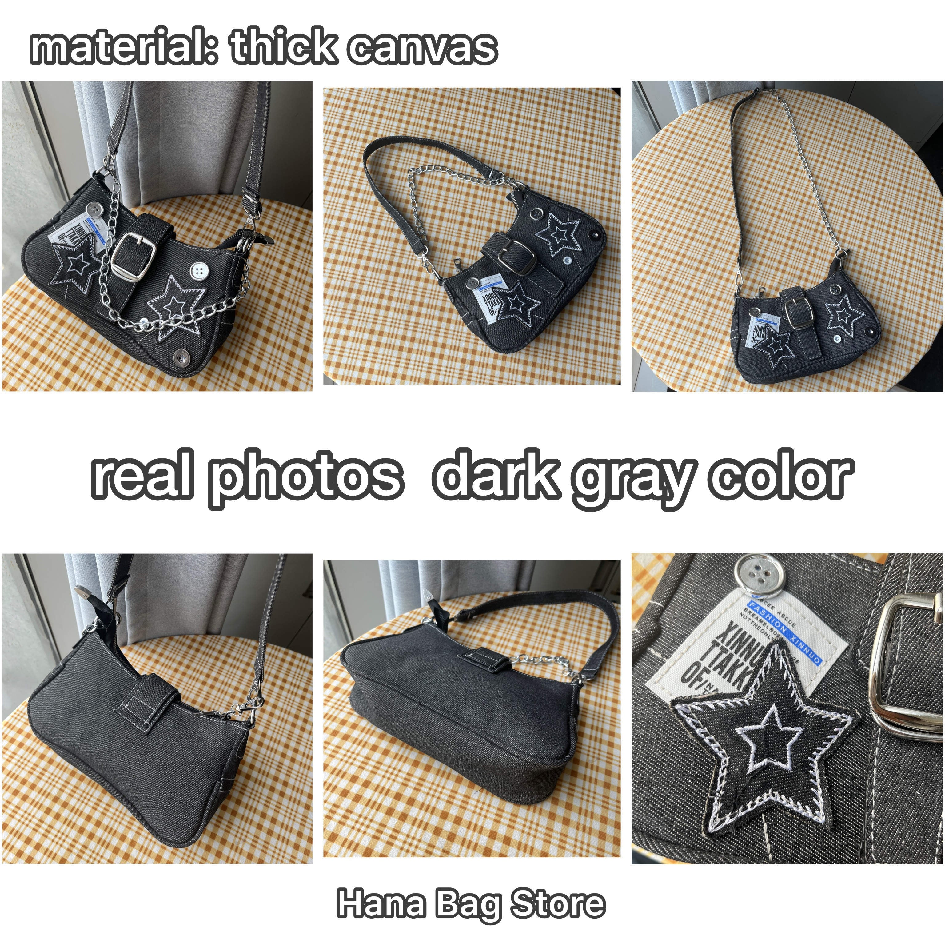 Chain Detail Star Buckled Denim Shoulder Bag - fairypeony