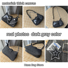 Chain Detail Star Buckled Denim Shoulder Bag - fairypeony