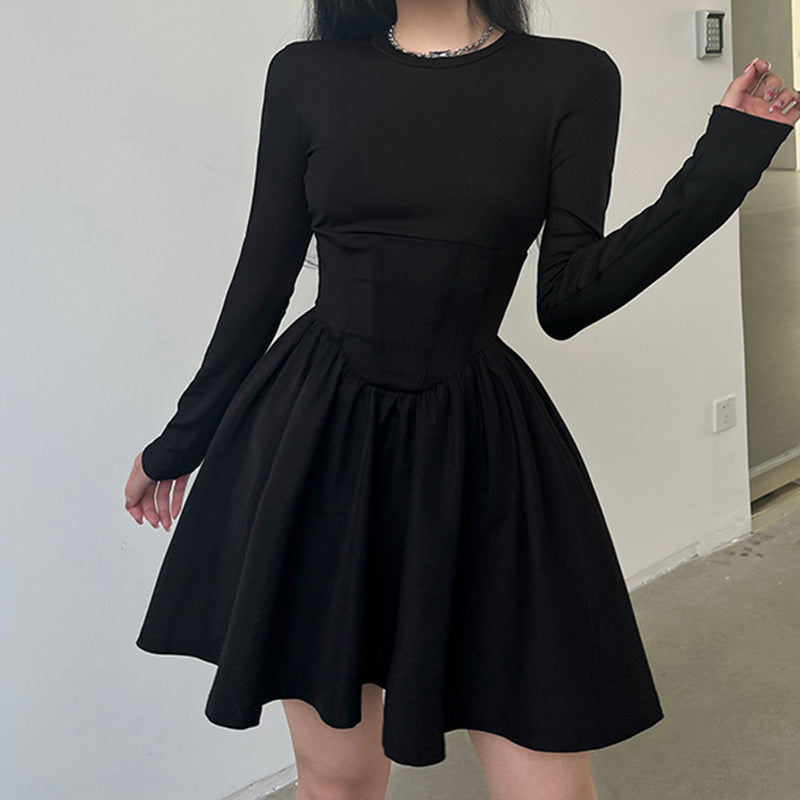 Corset Detail Black Long Sleeve Mini Dress - fairypeony