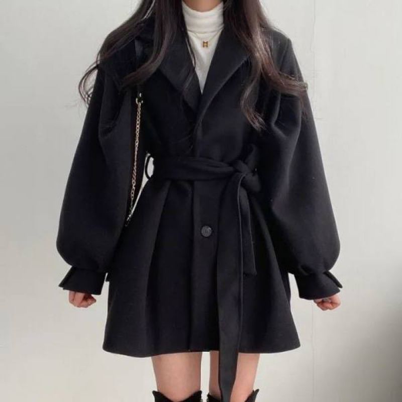 Puff Sleeve Belted Woolen Coat - fairypeony
