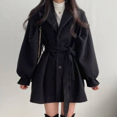 Puff Sleeve Belted Woolen Coat - fairypeony