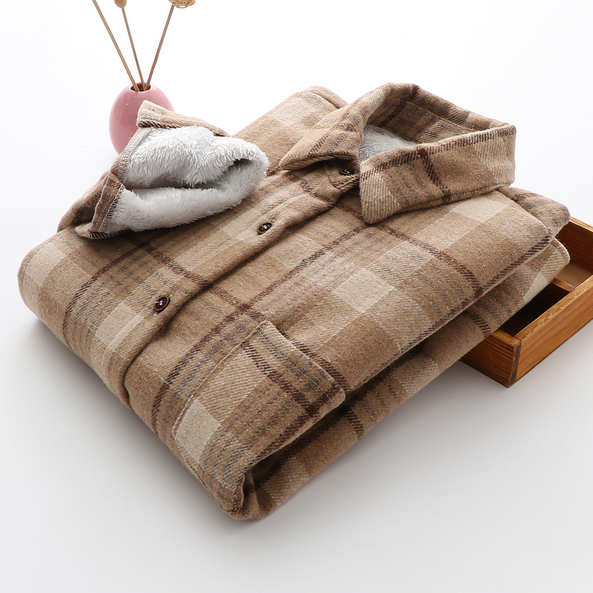 Warm Woolen Coat With Thick Plaid Shirt, , women clothing, warm-woolen-coat-with-thick-plaid-shirt, , fairypeony