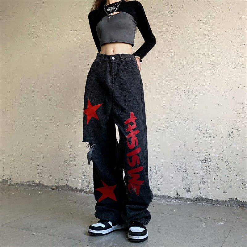 Vintage Stars Print Ripped Straight Wide Leg Jeans, , women clothing, vintage-stars-print-ripped-straight-wide-leg-jeans, , fairypeony