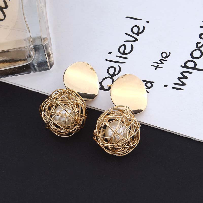 Temperament Woven Ball Pearl Earrings, , women clothing, temperament-woven-ball-pearl-earrings, , fairypeony