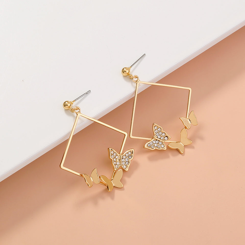 Geometric fashion diamond studded butterfly earrings, , women clothing, geometric-fashion-diamond-studded-butterfly-earrings, , fairypeony