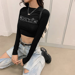 Rhinestone Letter Long Sleeve Crop Top - fairypeony