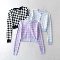 Checkered Button Front Knit Crop Cardigan, , women clothing, checkered-button-front-knit-crop-cardigan, , fairypeony
