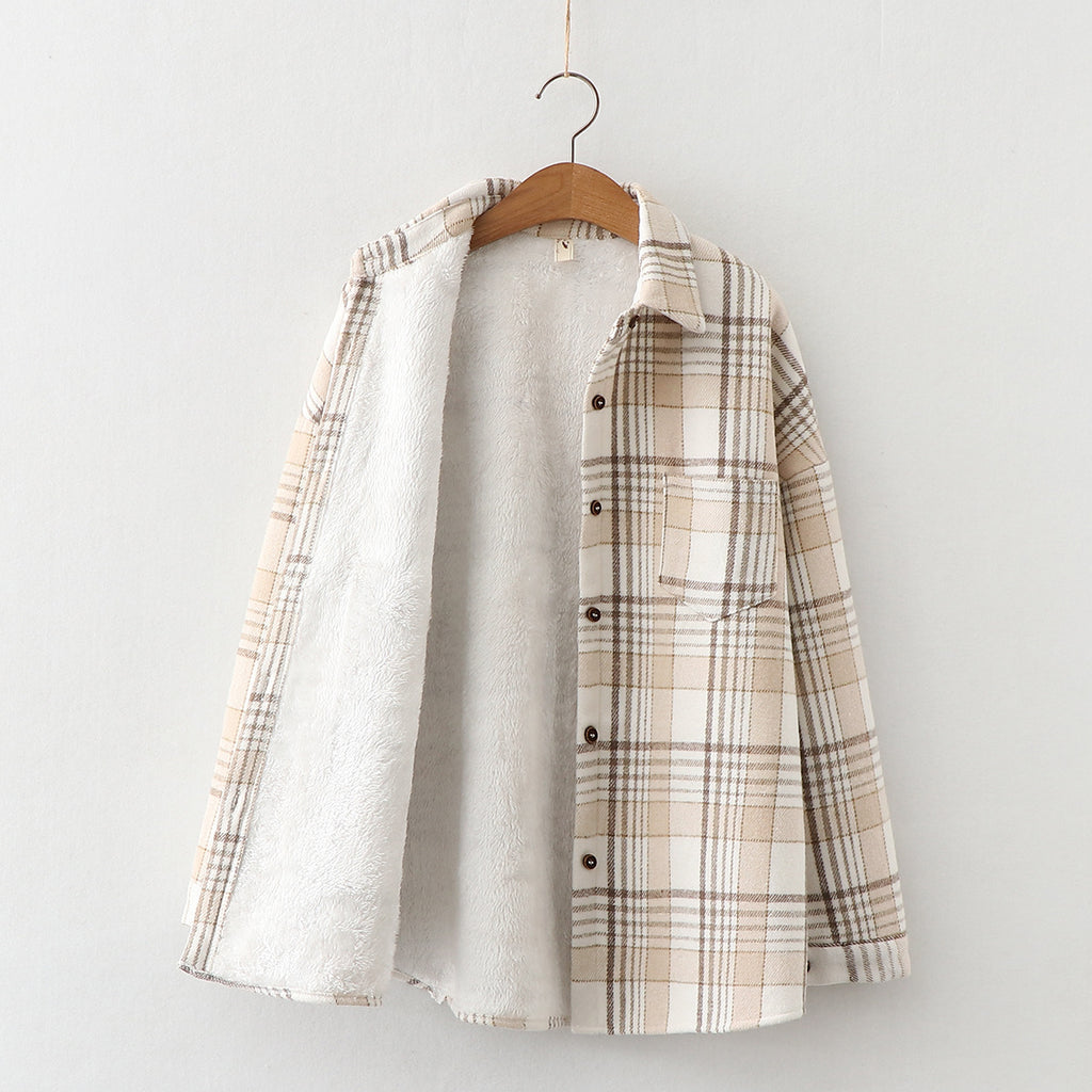 Warm Woolen Coat With Thick Plaid Shirt, , women clothing, warm-woolen-coat-with-thick-plaid-shirt, , fairypeony