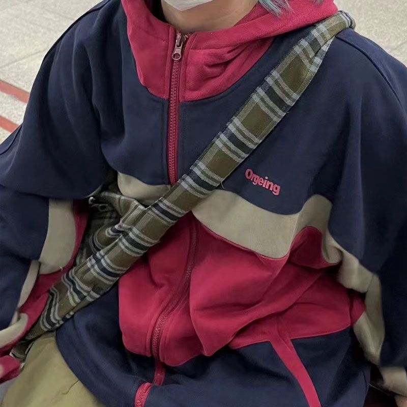 Vintage Oversized Color Block Zip Hooded Jacket - fairypeony