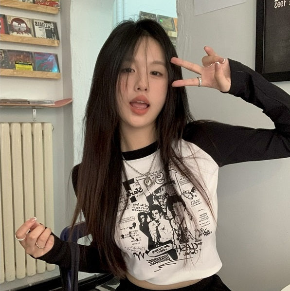 Vintage Printed Long Sleeve Crop Top - fairypeony