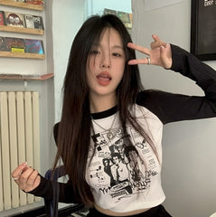 Vintage Printed Long Sleeve Crop Top - fairypeony