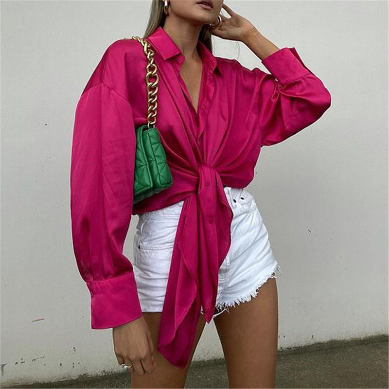 Elegant Satin Lace-up Long-sleeved Casual Top, , women clothing, elegant-satin-lace-up-long-sleeved-casual-top, , fairypeony