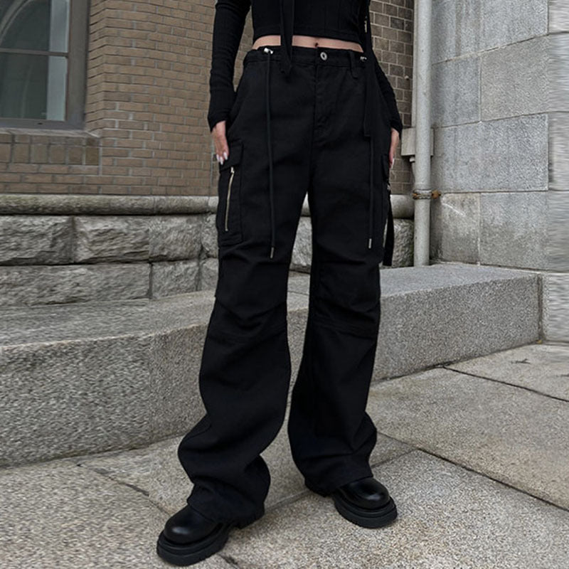 Size Friendly Pocket Drawstring Parachute Cargo Pants - fairypeony