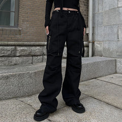 Size Friendly Pocket Drawstring Parachute Cargo Pants - fairypeony