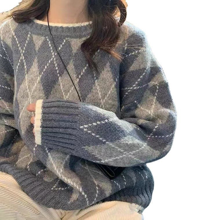 Crew Neck Argyle Knit Sweater, , women clothing, crew-neck-argyle-knit-sweater, , fairypeony