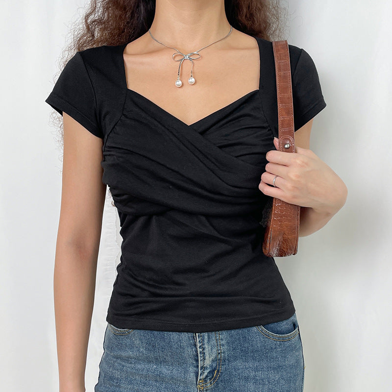 Criss Cross Ruched V Neck Tee - fairypeony