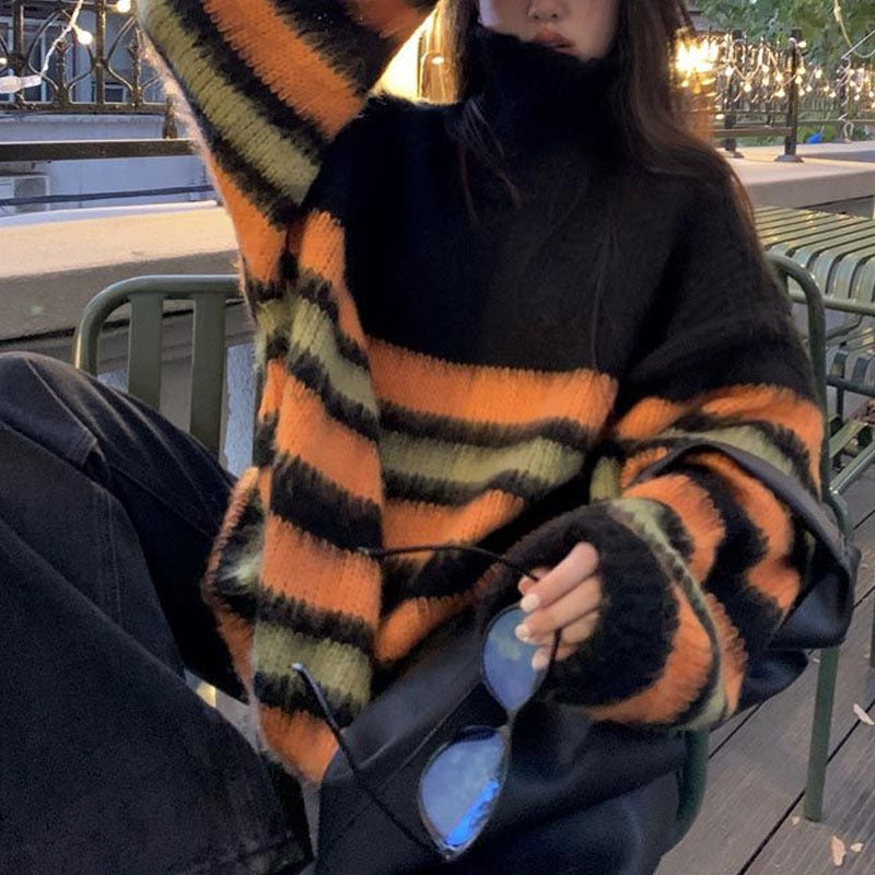 Vintage Color Block Striped Fuzzy Knit Sweater - fairypeony