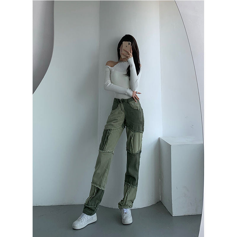 Stitching Contrast Color High Waist Straight Pants, , women clothing, stitching-contrast-color-high-waist-straight-pants, , fairypeony