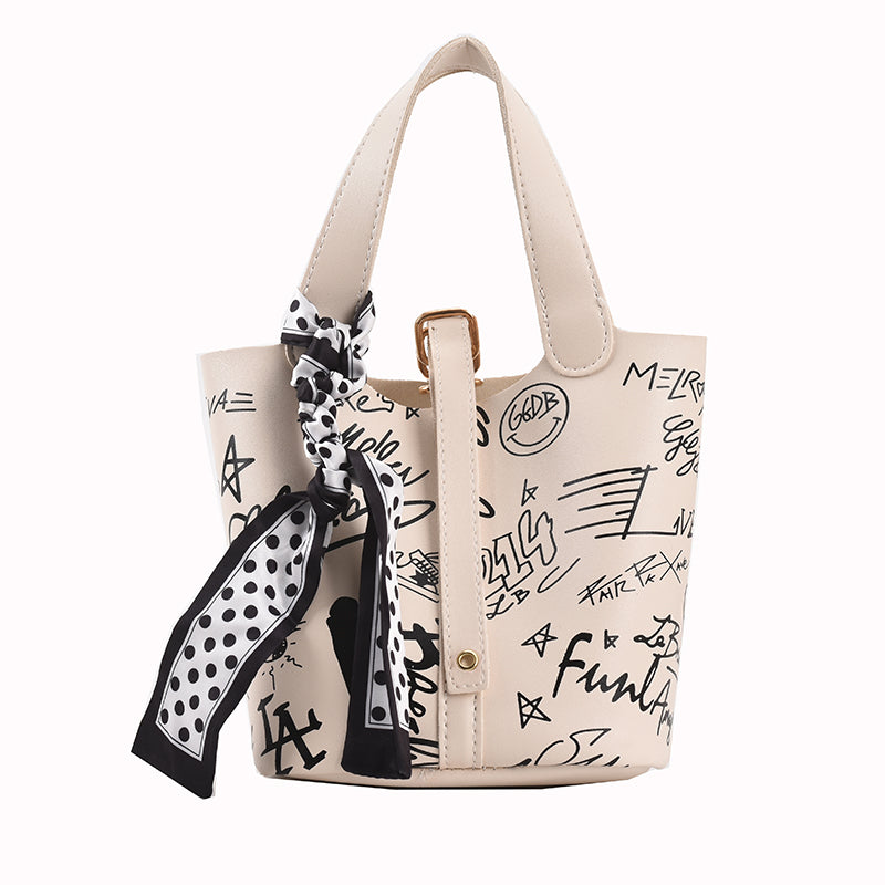 Cartoon Print Silk Scarf Bucket Bag, , women clothing, cartoon-print-silk-scarf-bucket-bag, , fairypeony