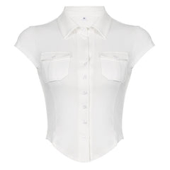 Pocket Button Down Cropped Blouse - fairypeony