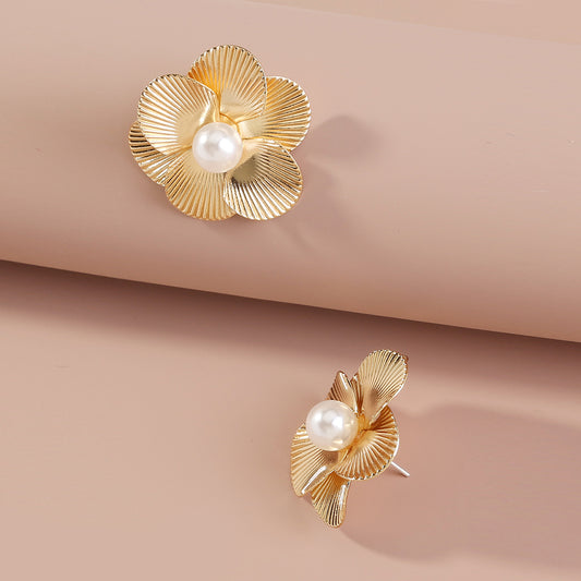 Metal Pearls Six-petal Flowers Ear Studs, , women clothing, metal-pearls-six-petal-flowers-ear-studs, , fairypeony