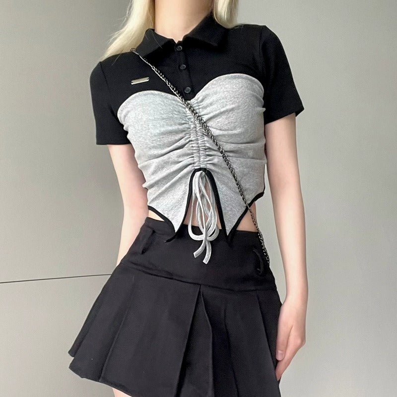 Tie Front Patchwork Button Up Crop Top - fairypeony