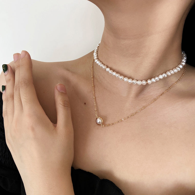 Simple Temperament Double-layer Pearl Clavicle Chain, , women clothing, simple-temperament-double-layer-pearl-clavicle-chain, , fairypeony