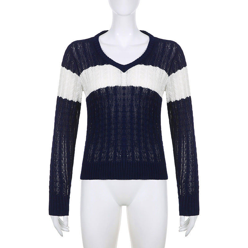 V Neck Striped Cable Knit Downtown 90s Top - fairypeony