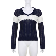 V Neck Striped Cable Knit Downtown 90s Top - fairypeony