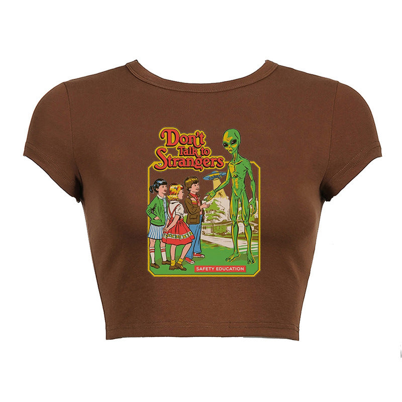 Round Neck Short Print Shirt, , women clothing, round-neck-short-print-shirt, brown, L, M, S, fairypeony