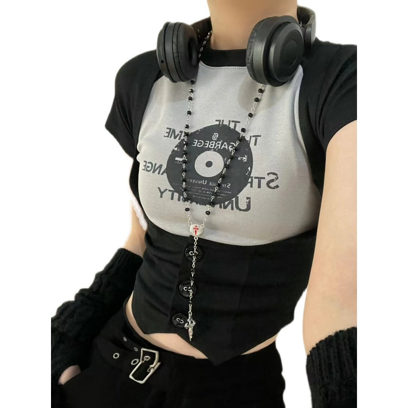 Raglan Sleeve Vinyl Print Crop Top - fairypeony