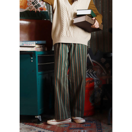 Vintage Stripe Trousers, , women clothing, fried-street-vintage-stripe-wide-leg-trousers-for-women, green, L, M, S, XL, XXL, fairypeony