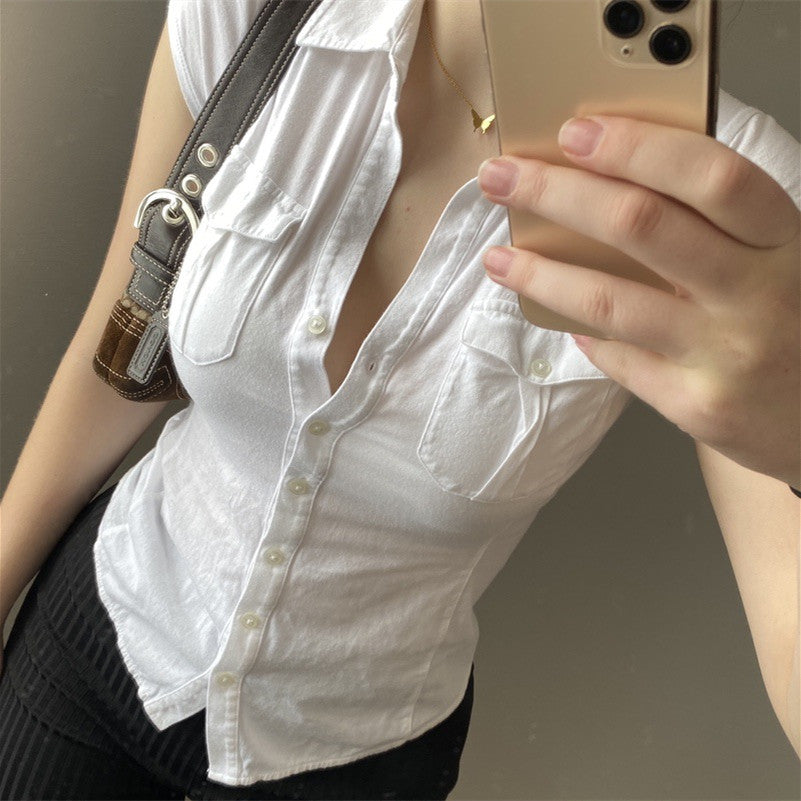 Pocket Button Down Cropped Blouse - fairypeony