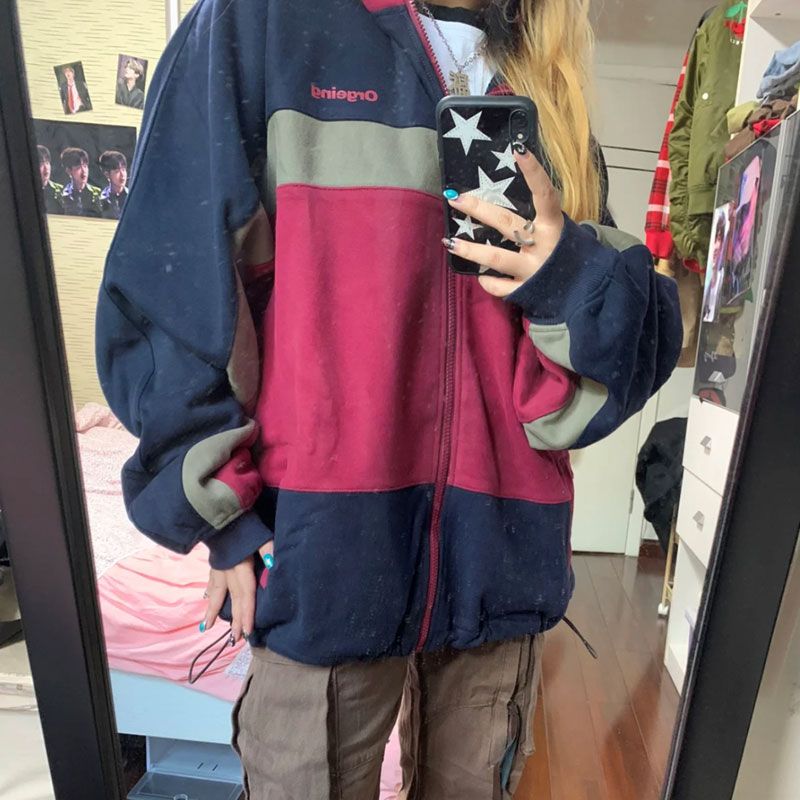 Vintage Oversized Color Block Zip Hooded Jacket - fairypeony