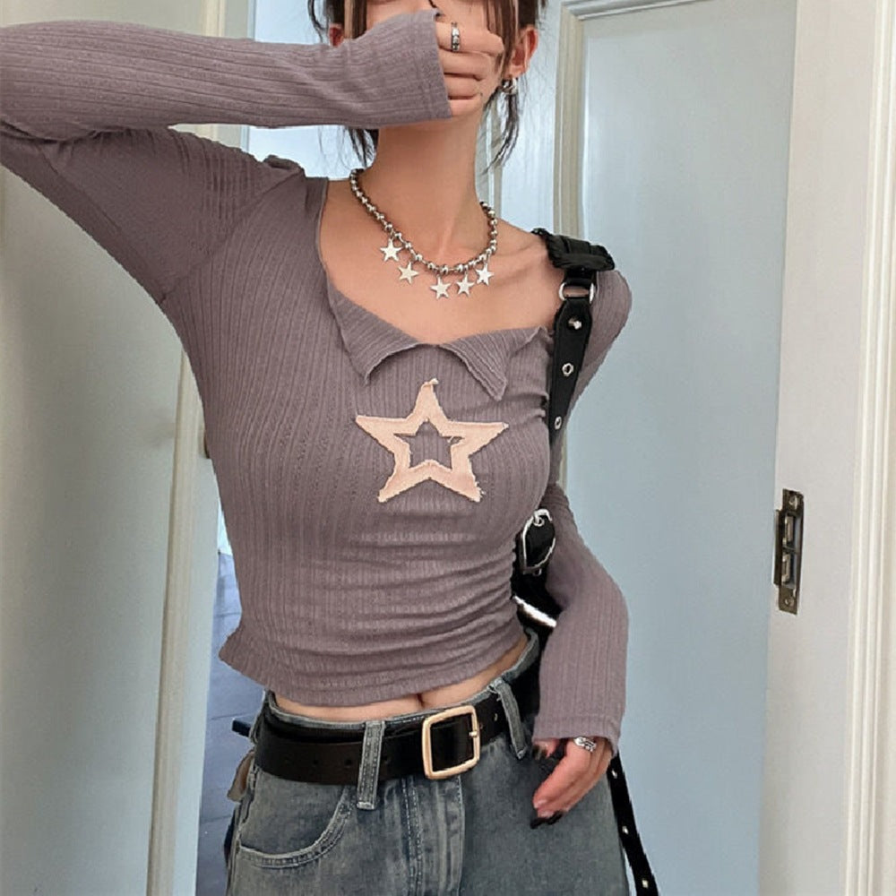 Star Patch Long Sleeve Knit Crop Top - fairypeony
