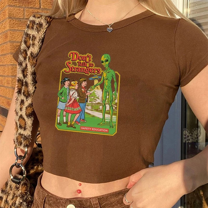 Round Neck Short Print Shirt, , women clothing, round-neck-short-print-shirt, brown, L, M, S, fairypeony