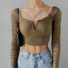 Ruched Mesh Long Sleeve Crop Top - fairypeony