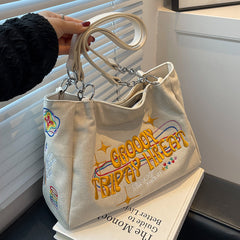 Aesthetic Large Canvas Embroidered Shoulder Bag - fairypeony