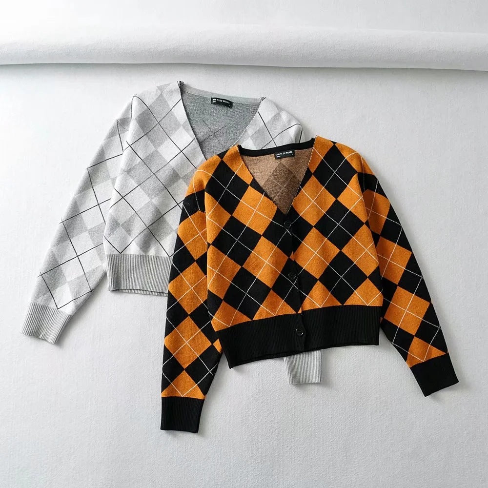 Plaid Preppy Argyle Cardigan, , women clothing, plaid-preppy-argyle-cardigan, grey, orange, fairypeony
