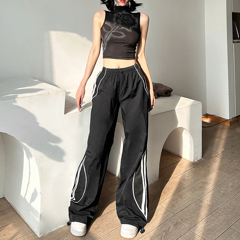Contrast Piping Black Baggy Sweatpants - fairypeony