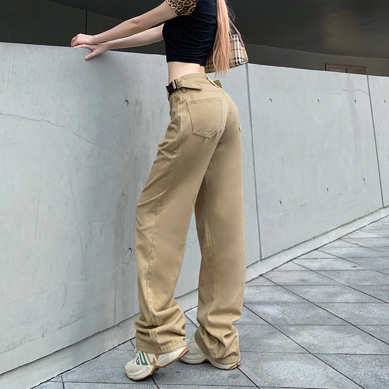 Khaki High-waist Straight-leg Casual Trousers, , women clothing, khaki-high-waist-straight-leg-casual-trousers, , fairypeony