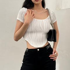Textured Stripe Short Sleeve Crop Top - fairypeony