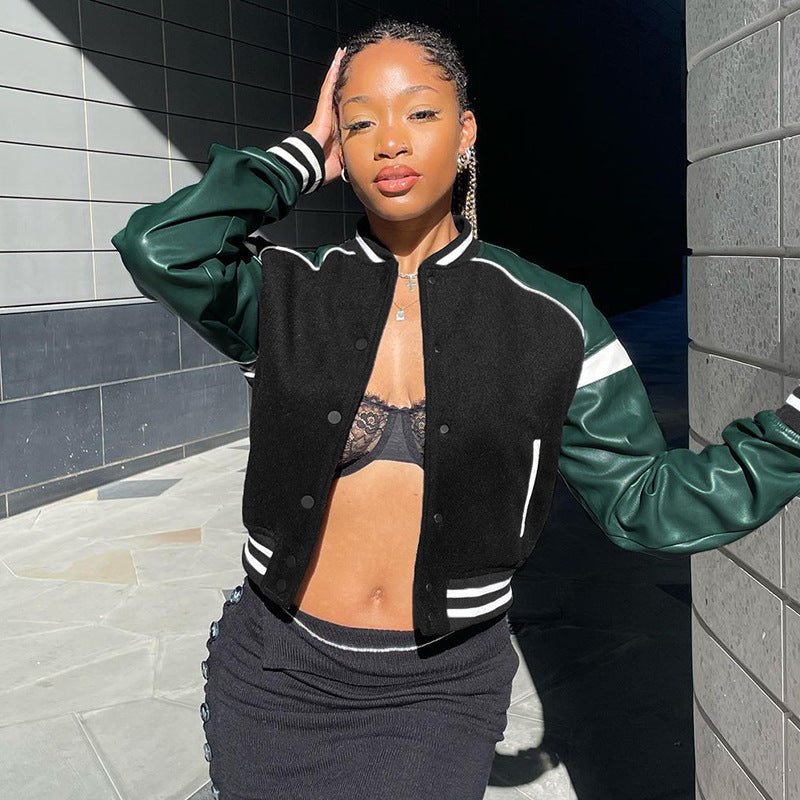 Pu Leather Paneled Cropped Varsity Jacket, fairy peony, women clothing, pu-leather-paneled-cropped-varsity-jacket, , fairypeony