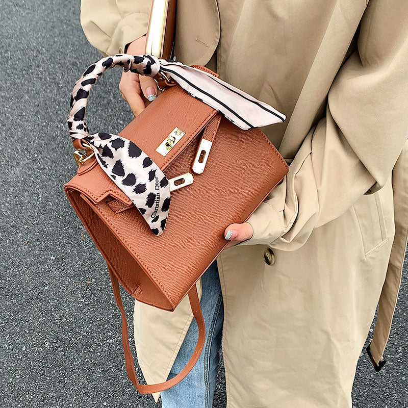 Leather Silk Scarf Handle Handbag, , women clothing, leather-silk-scarf-handle-handbag, , fairypeony