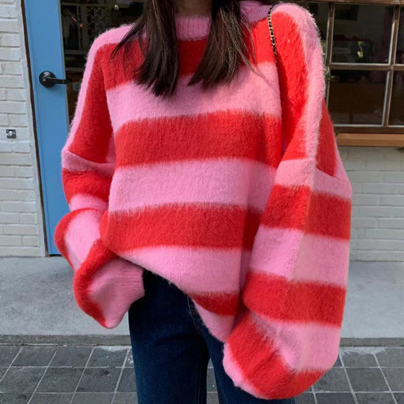 Crew Neck Pullover Striped Knit Sweater, , women clothing, crew-neck-pullover-striped-knit-sweater, , fairypeony