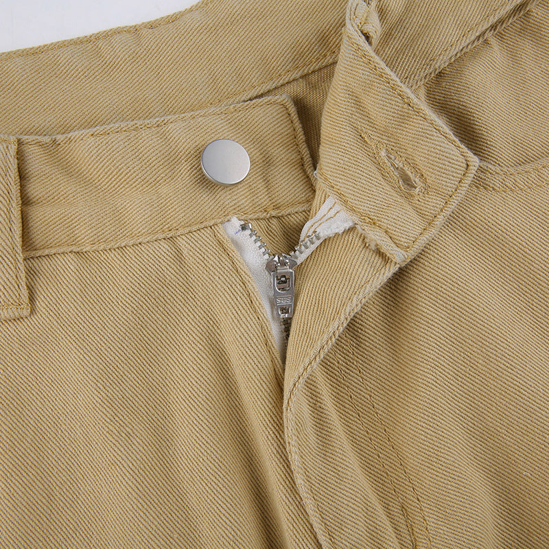 Khaki High-waist Straight-leg Casual Trousers, , women clothing, khaki-high-waist-straight-leg-casual-trousers, , fairypeony