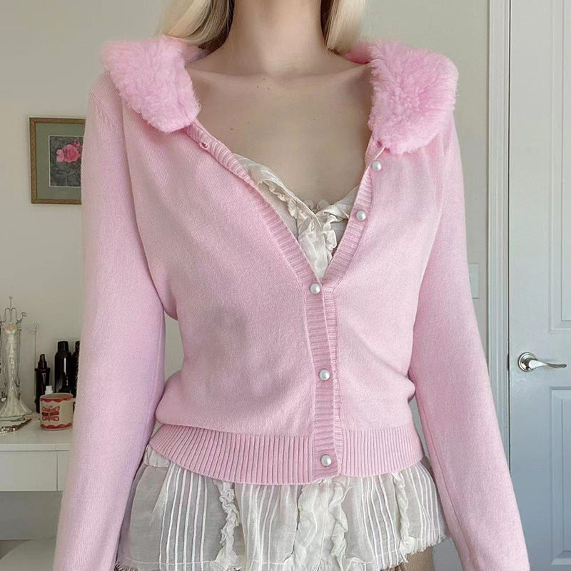 90s Aesthetic Fur Collar Button Up Cardigan - fairypeony