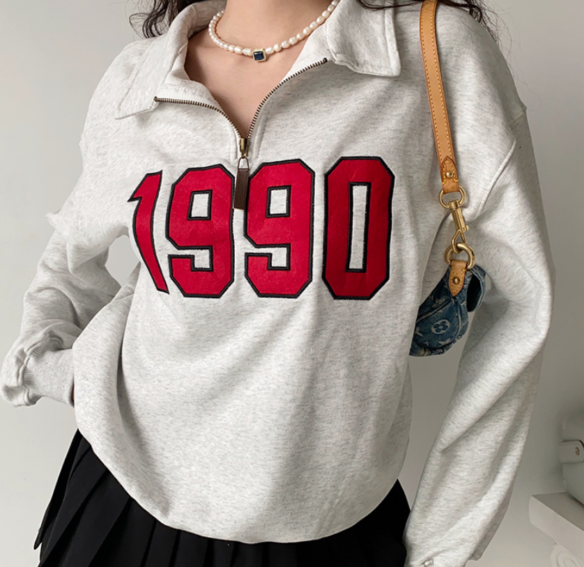 90s Numbers Embroidered Half Zip Sweatshirt, , women clothing, 90s-numbers-embroidered-half-zip-sweatshirt, , fairypeony