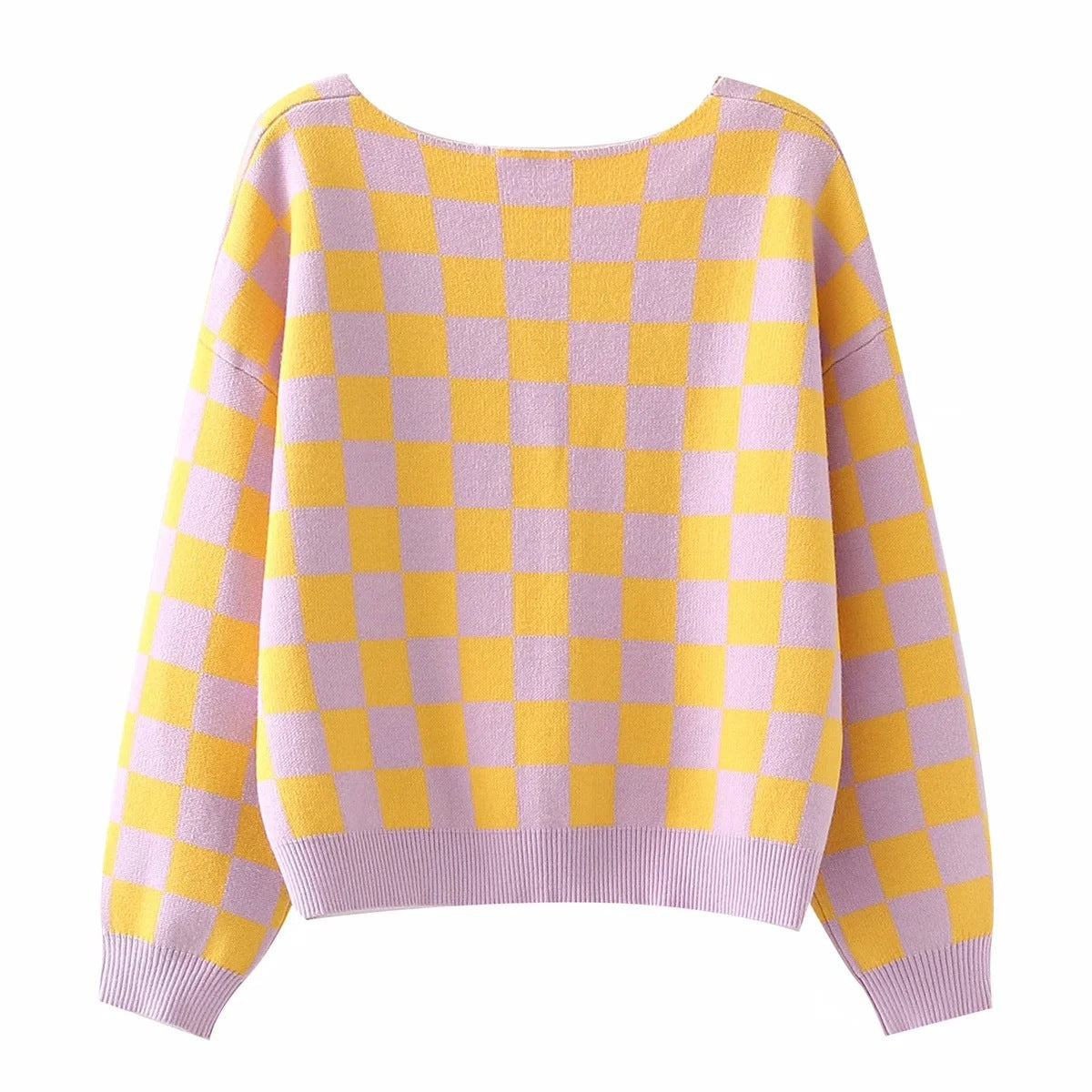 Yellow and Lavender Cardigan, , women clothing, yellow-checkerboard-pattern-v-neck-loose-sweater, L, M, S, yellow, fairypeony